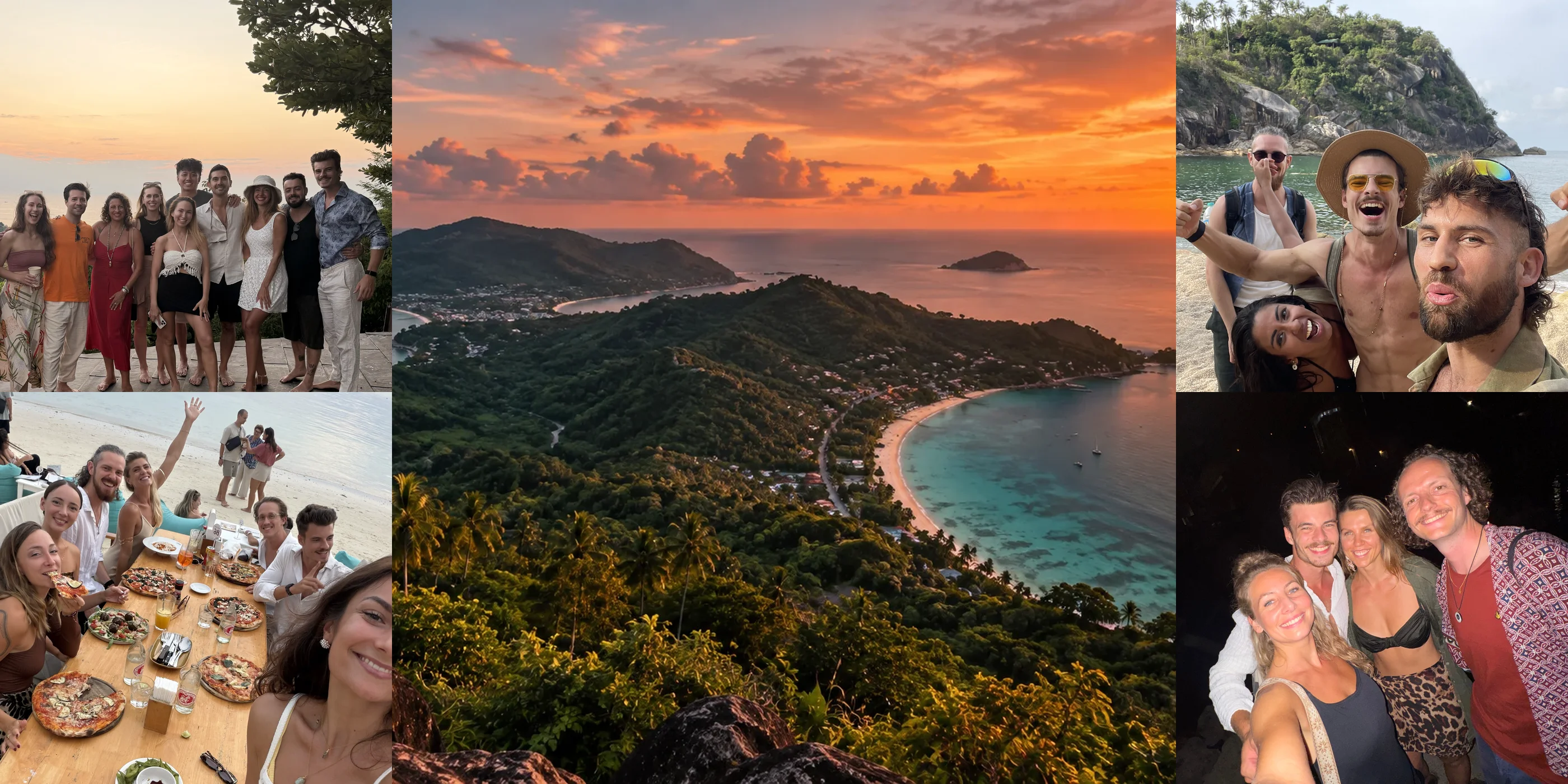 Collage aus Koh Phangan: Insel-Panorama, Bootstrip, Gruppe am Strand und Villa mit Pool bei Sonnenuntergang